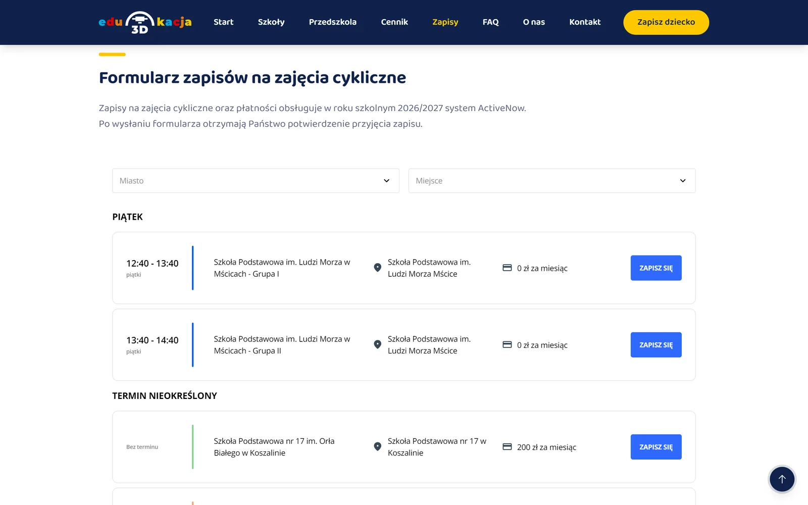 Podstrona zapisów Edu3Dkacja nad morzem z osadzonym systemem ActiveNow