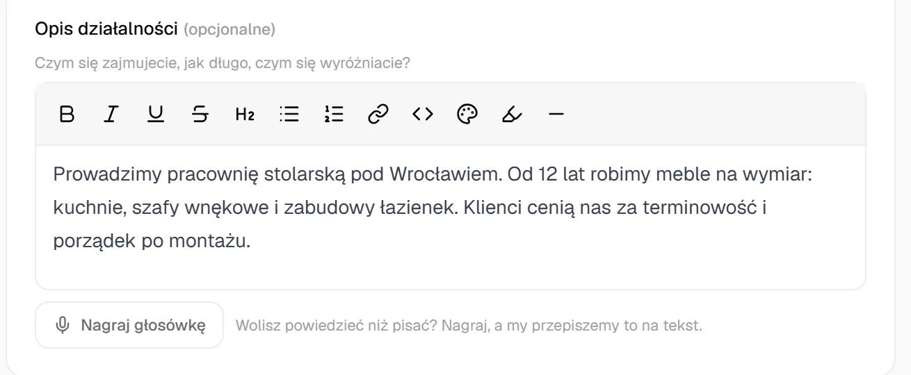Opis firmy w panelu klienta z przyciskiem Nagraj głosówkę