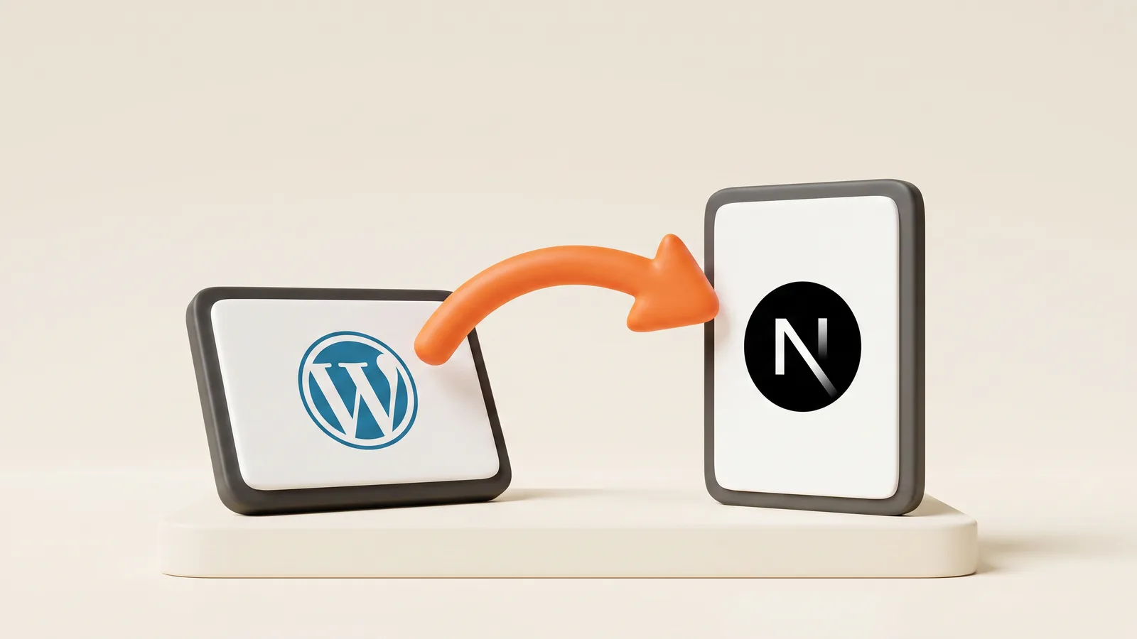 Tablet z logo WordPressa przechylony na bok i wyprostowany tablet z logo Next.js, połączone pomarańczową strzałką